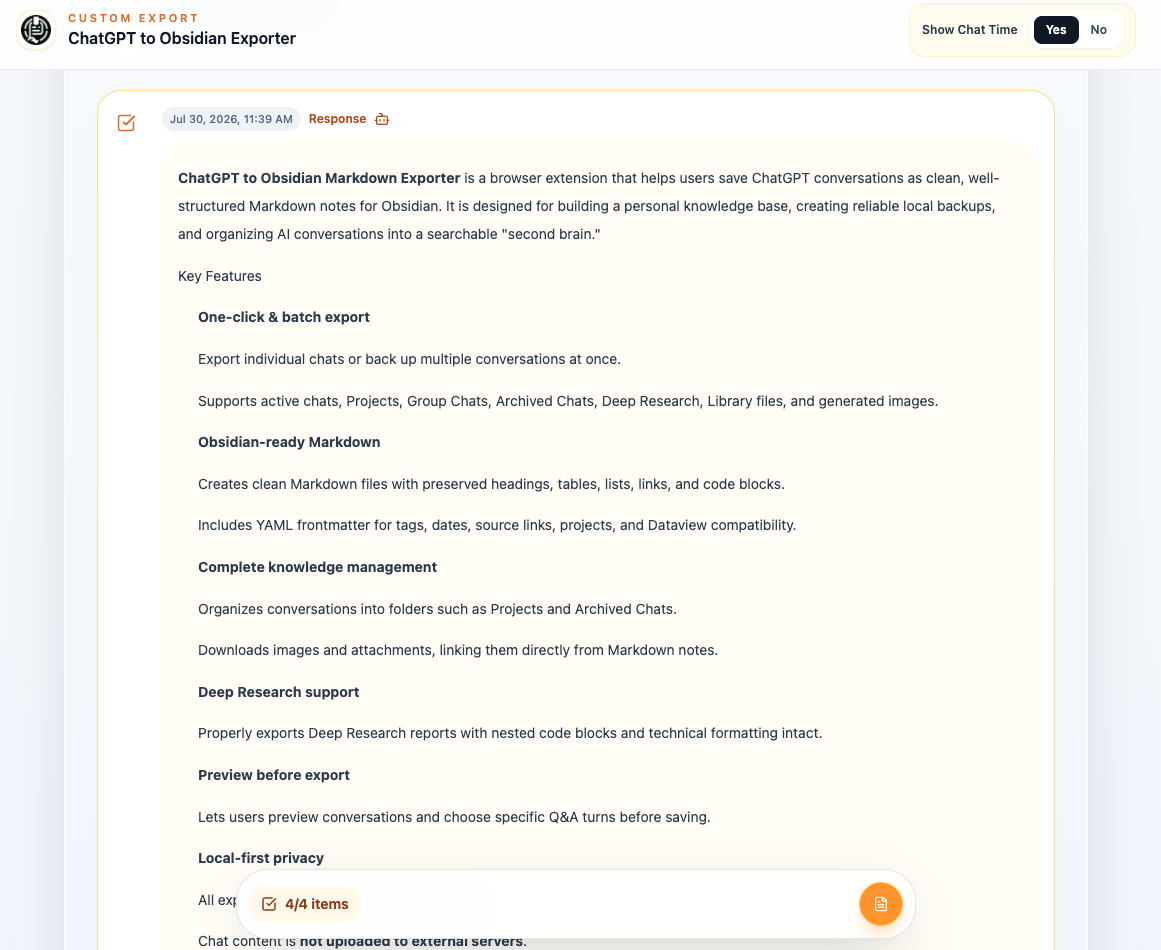 Custom Export Preview showing an English prompt and response, message checkboxes, chat-time controls, and the save bar