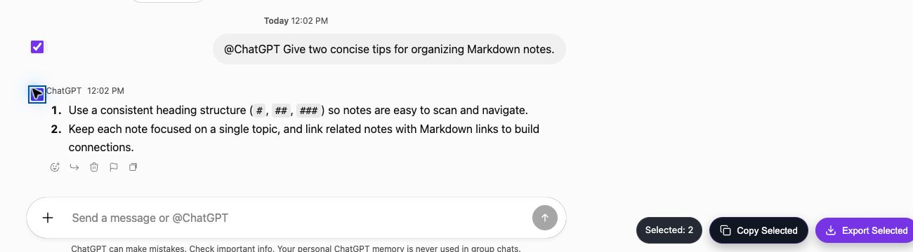 Two English Group Chat messages selected for copy or Markdown export