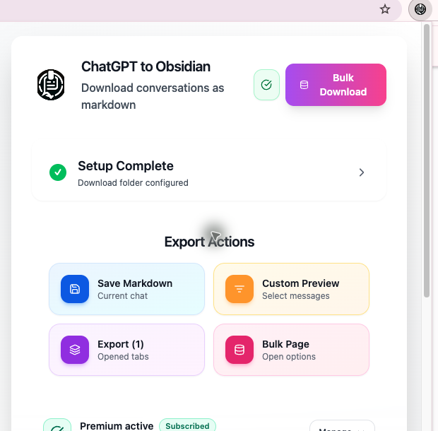 Connected ChatGPT to Obsidian popup with Setup Complete and four export actions
