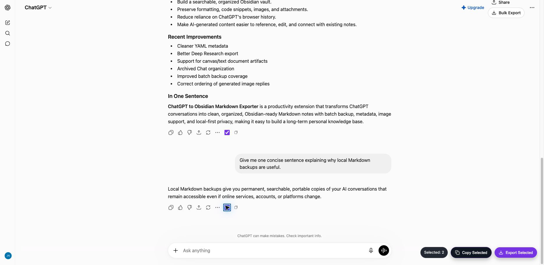 Two English ChatGPT responses selected for copy or selective Markdown export