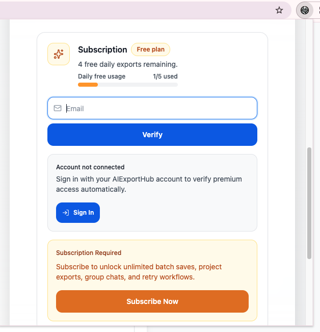 Free plan subscription panel with the daily allowance, email verification, AIExportHub sign-in, and Subscribe Now