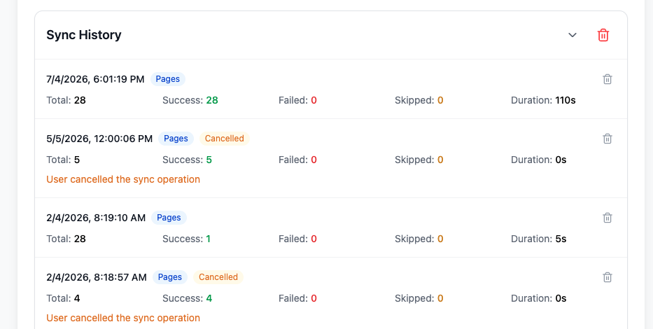 Expanded Sync History showing completed and canceled Chat Pages runs with totals and durations