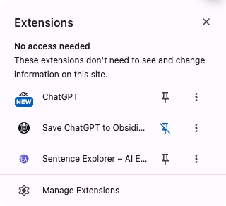 ChatGPT to Obsidian pinned in Chrome's Extensions menu