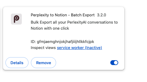 Perplexity to Notion installed and enabled in Chrome