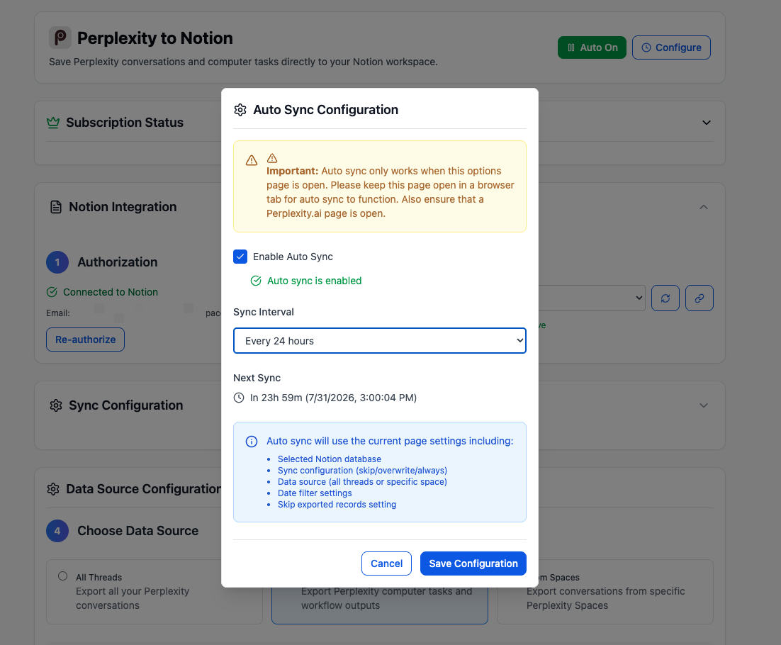 Auto Sync Configuration in Perplexity to Notion