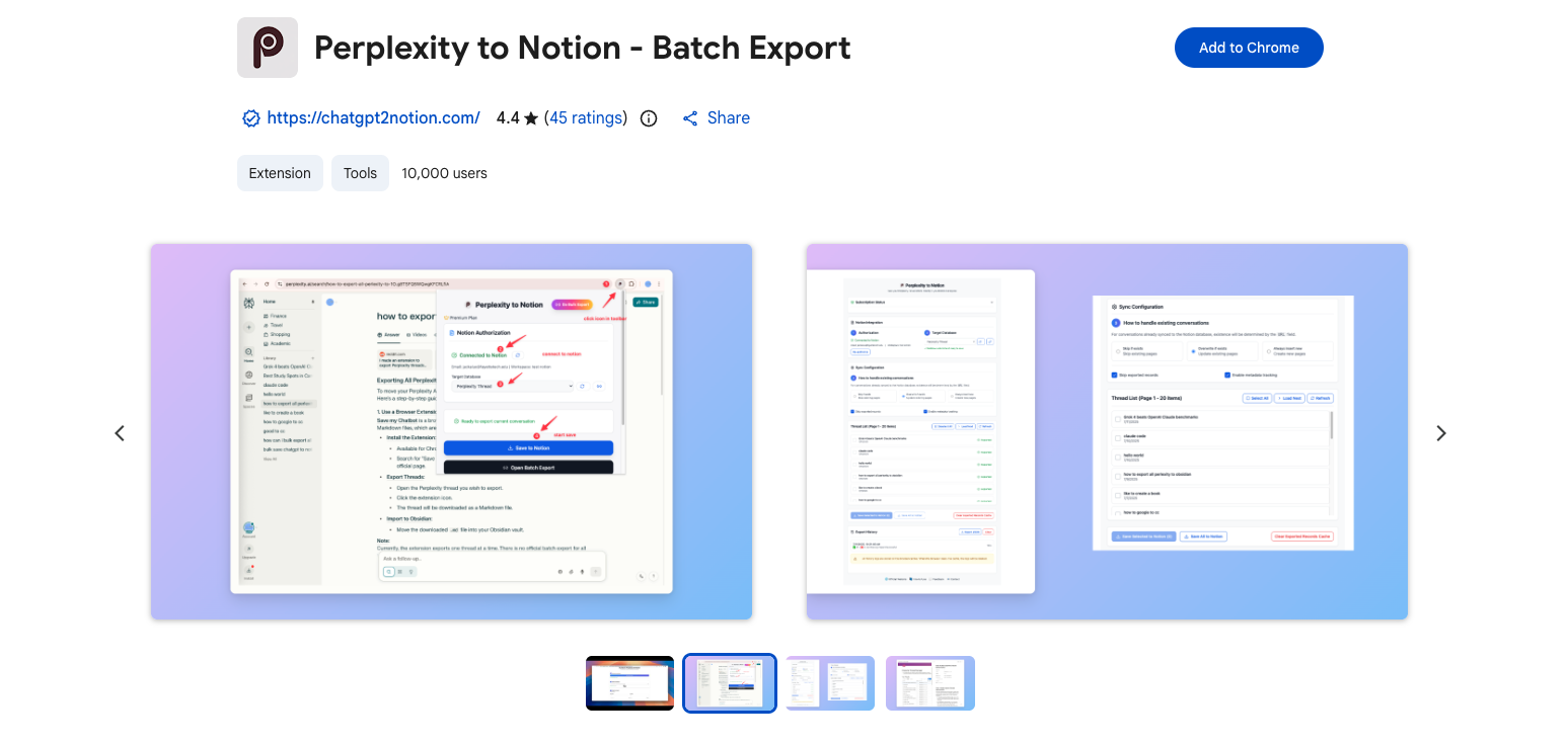 Perplexity to Notion listing in the Chrome Web Store