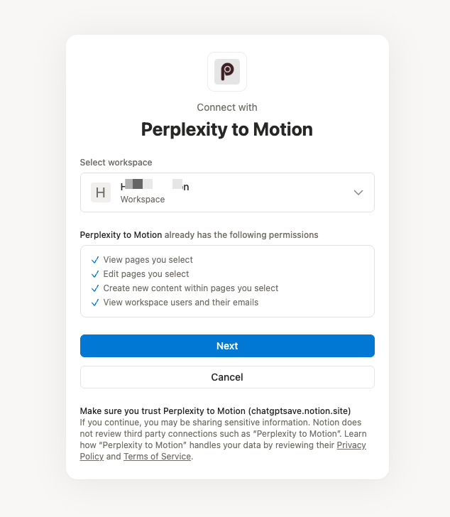 Choose a Notion workspace for Perplexity to Notion