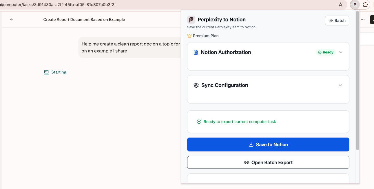 Perplexity to Notion popup on a computer task