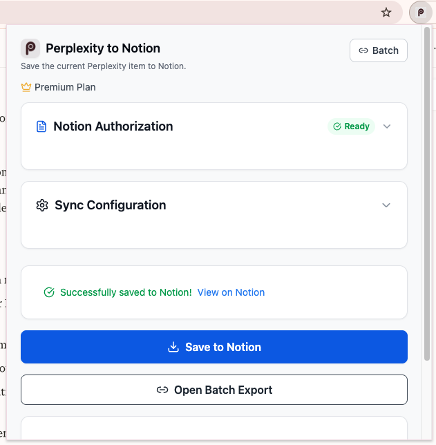 Successful current-page export to Notion