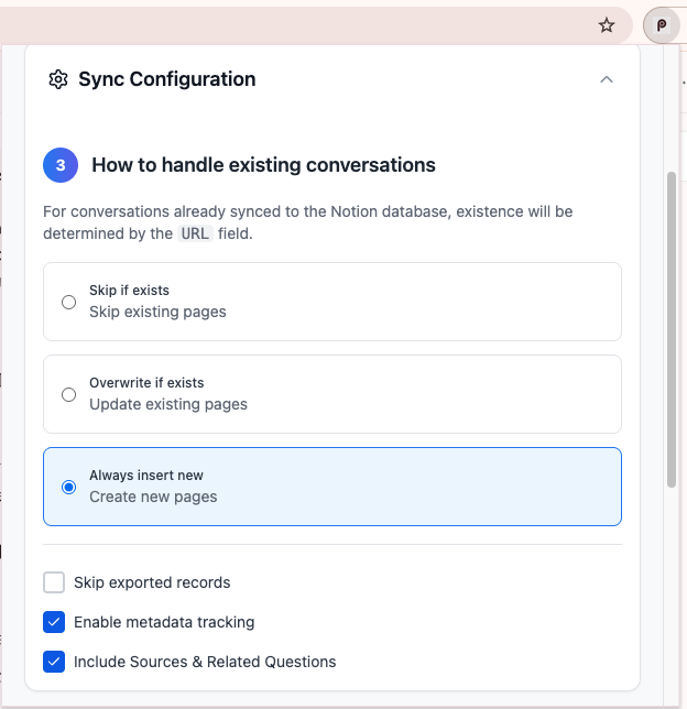 Sync Configuration in the Perplexity to Notion popup