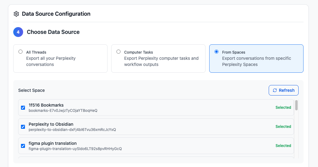Select multiple Perplexity Spaces for Batch Export