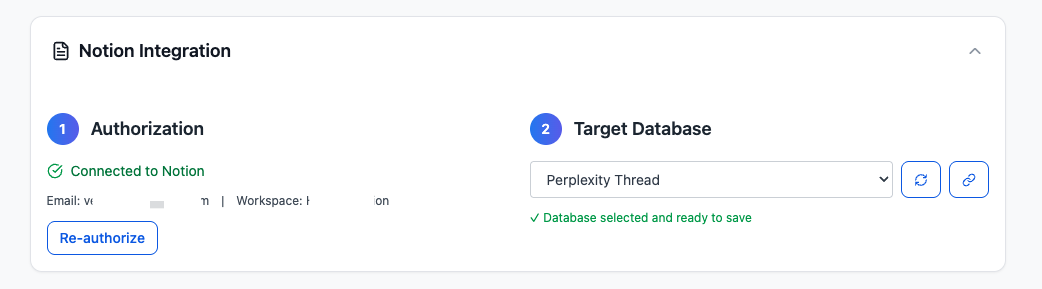 Select the target database in Perplexity to Notion
