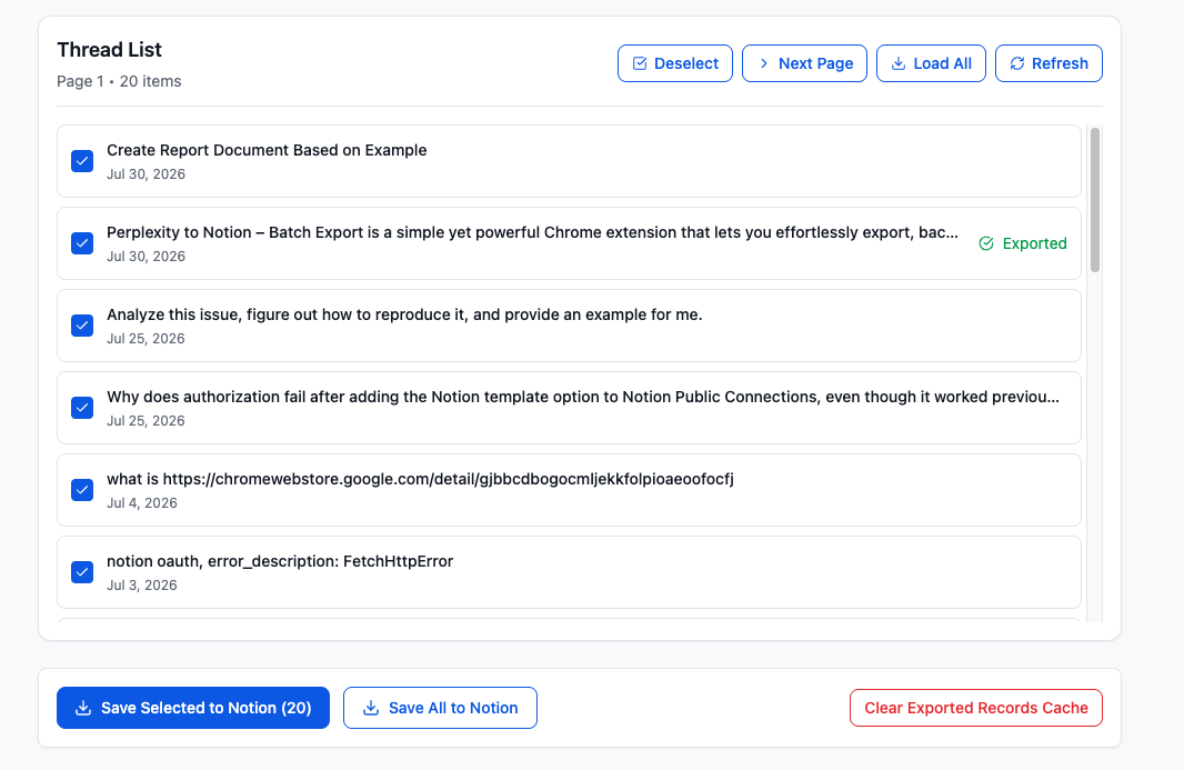 Loaded and selected Perplexity Thread List