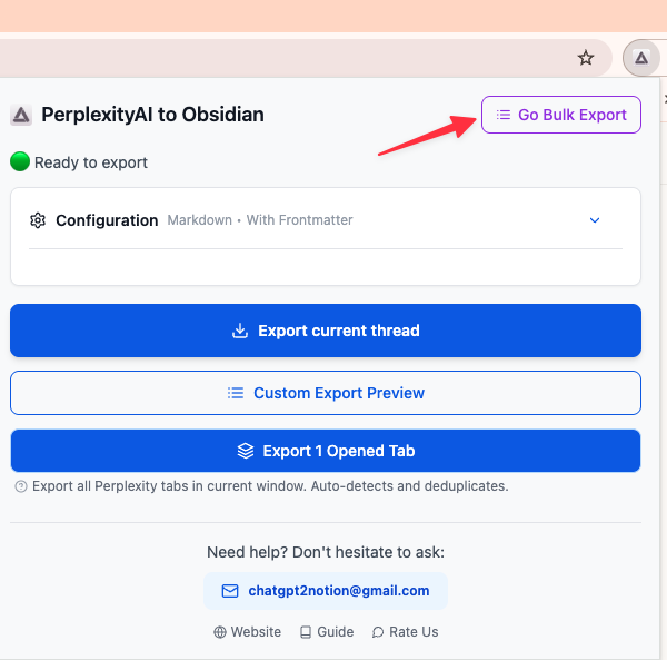 Go Bulk Export button in the Perplexity to Obsidian extension popup