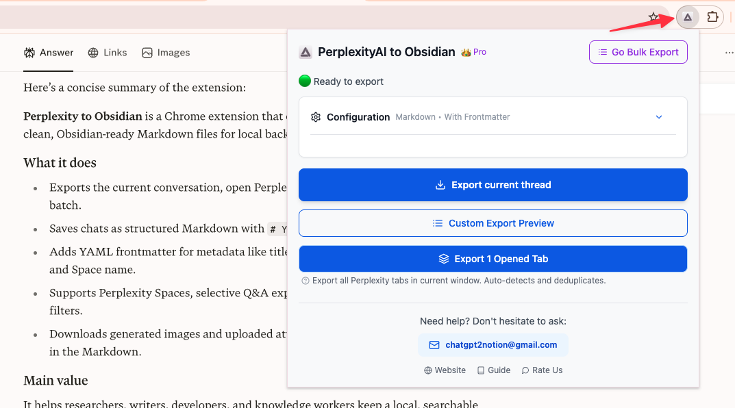 Perplexity to Obsidian pinned in the Chrome toolbar for quick access
