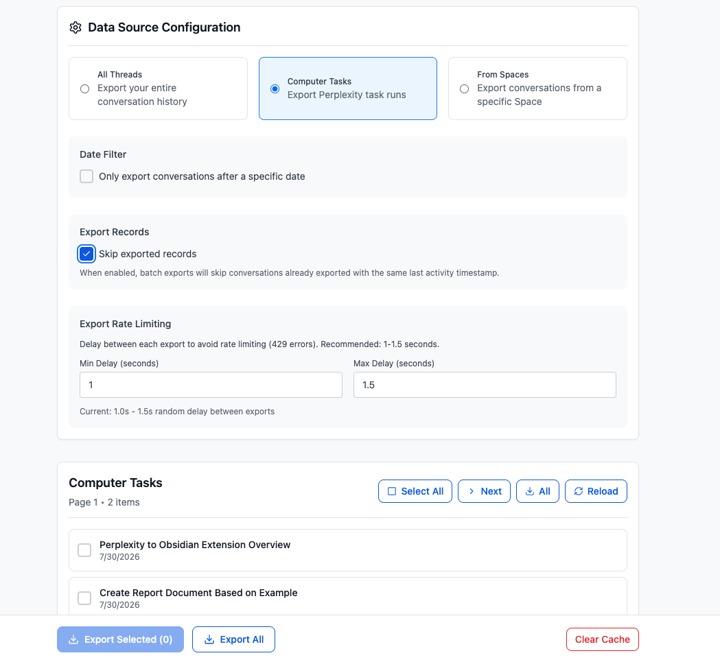 Computer Tasks data source with a loaded task list and Bulk Export actions