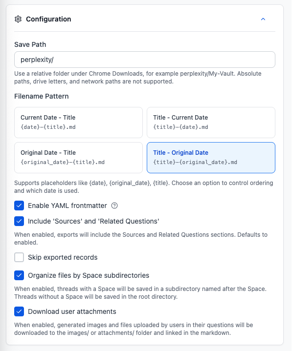 Perplexity to Obsidian export configuration and filename options