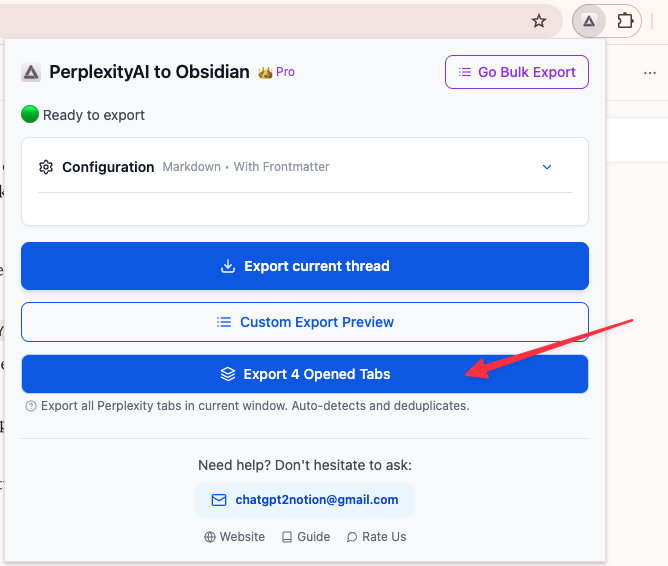 Export four opened Perplexity tabs from the extension popup