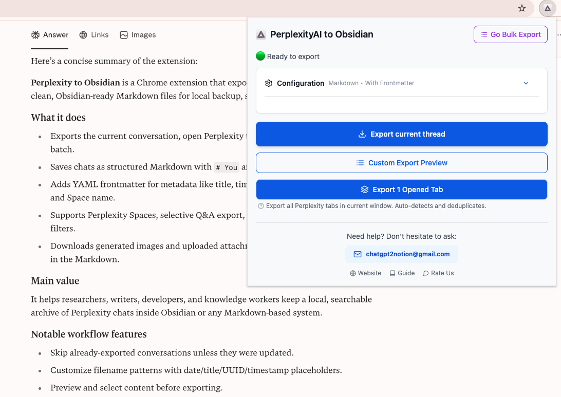Perplexity to Obsidian popup after the extension recognizes a supported conversation