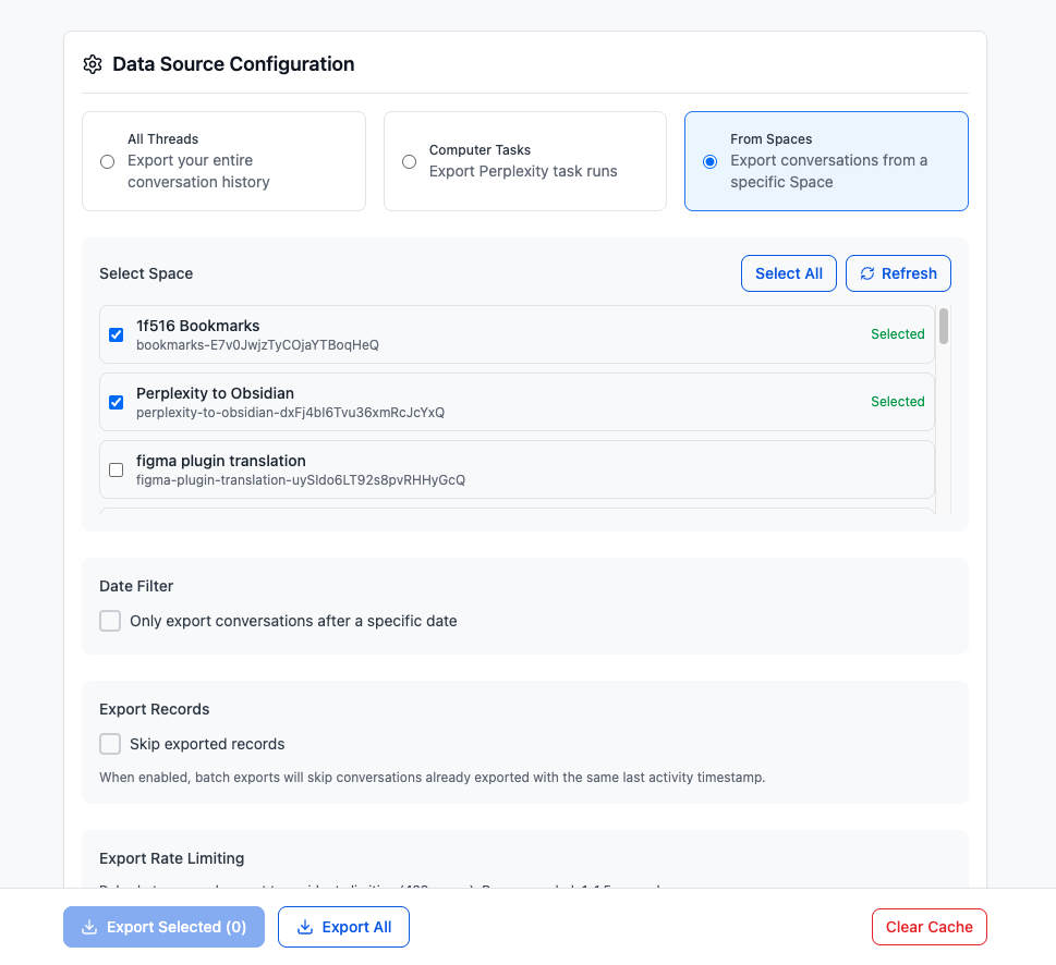 Multiple Perplexity Spaces selected for a Space-organized Markdown backup