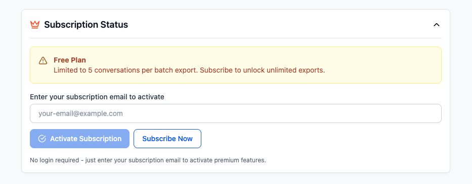 Free Plan subscription status with activation email and Subscribe Now actions