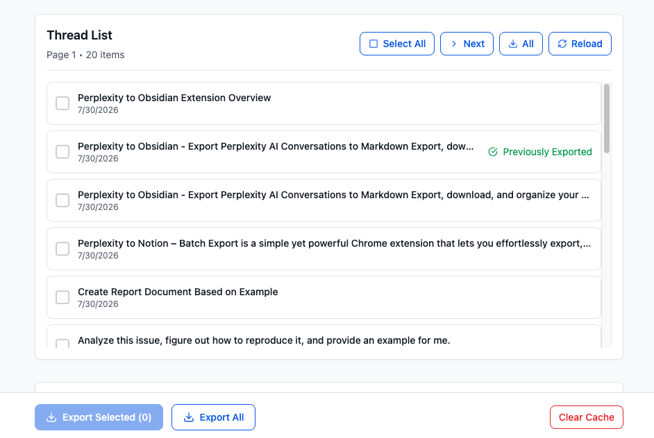 Perplexity thread list with pagination, selection, Export Selected, and Export All actions