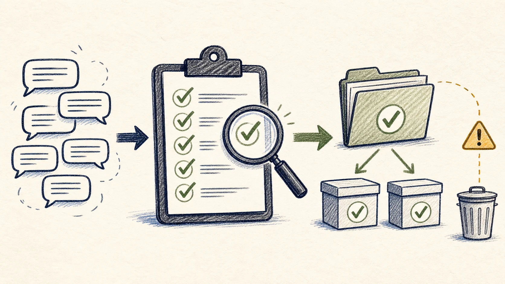 Hand-drawn AI chat export checklist showing conversations moving through verification into two safe archive copies