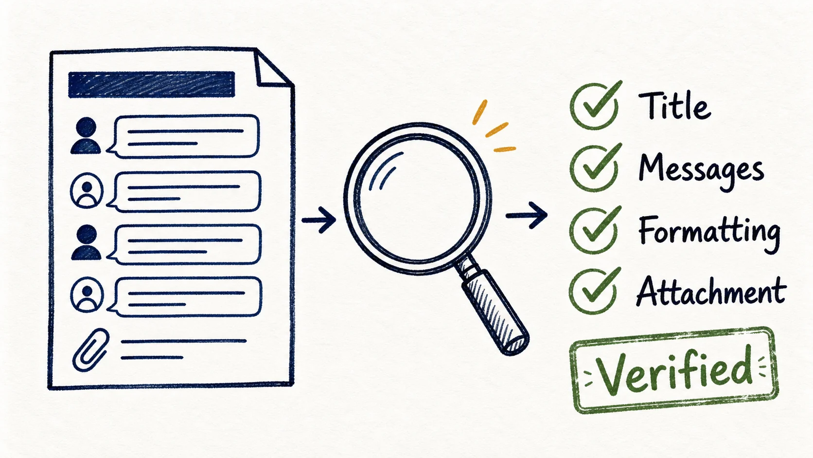 Hand-drawn export verification checklist for title, messages, formatting, and attachments