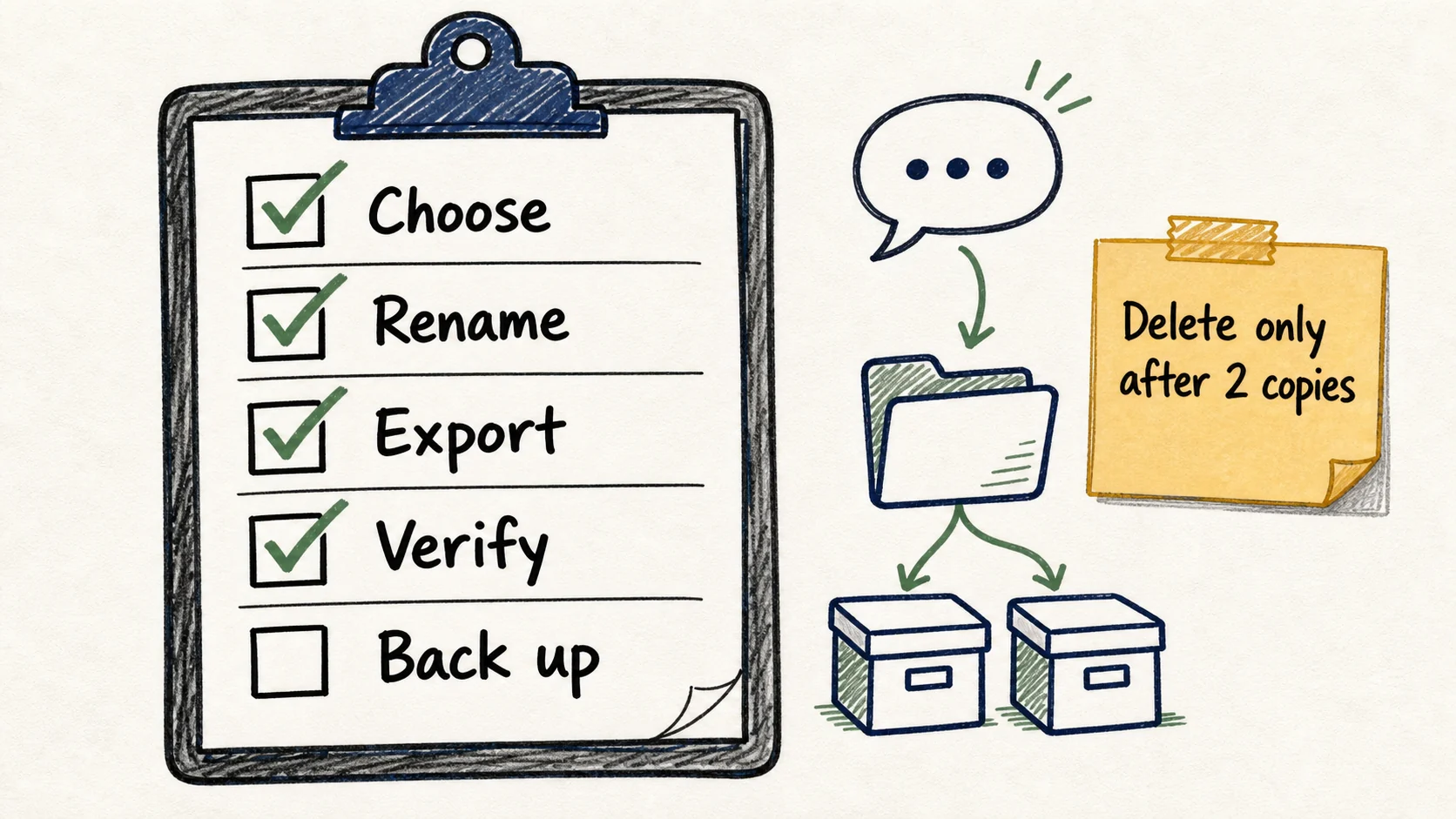 Hand-drawn pre-deletion checklist covering selection, naming, export, verification, and backup