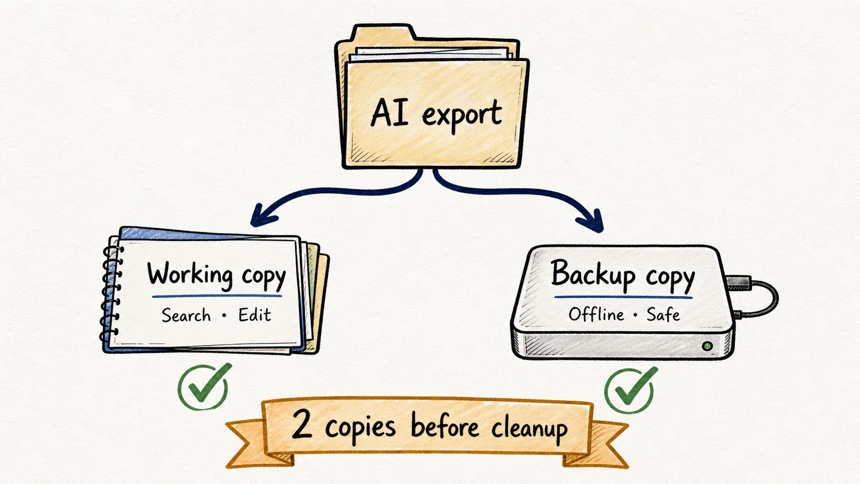 Hand-drawn two-copy backup rule with a searchable working copy and an independent offline copy
