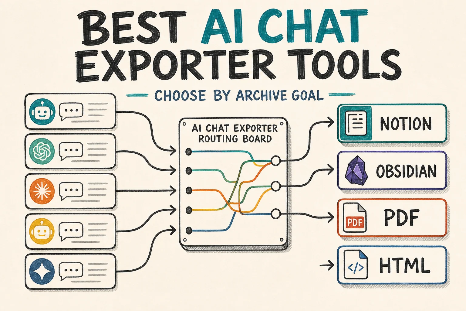 Hand-drawn routing board for choosing the best AI chat exporter by archive goal