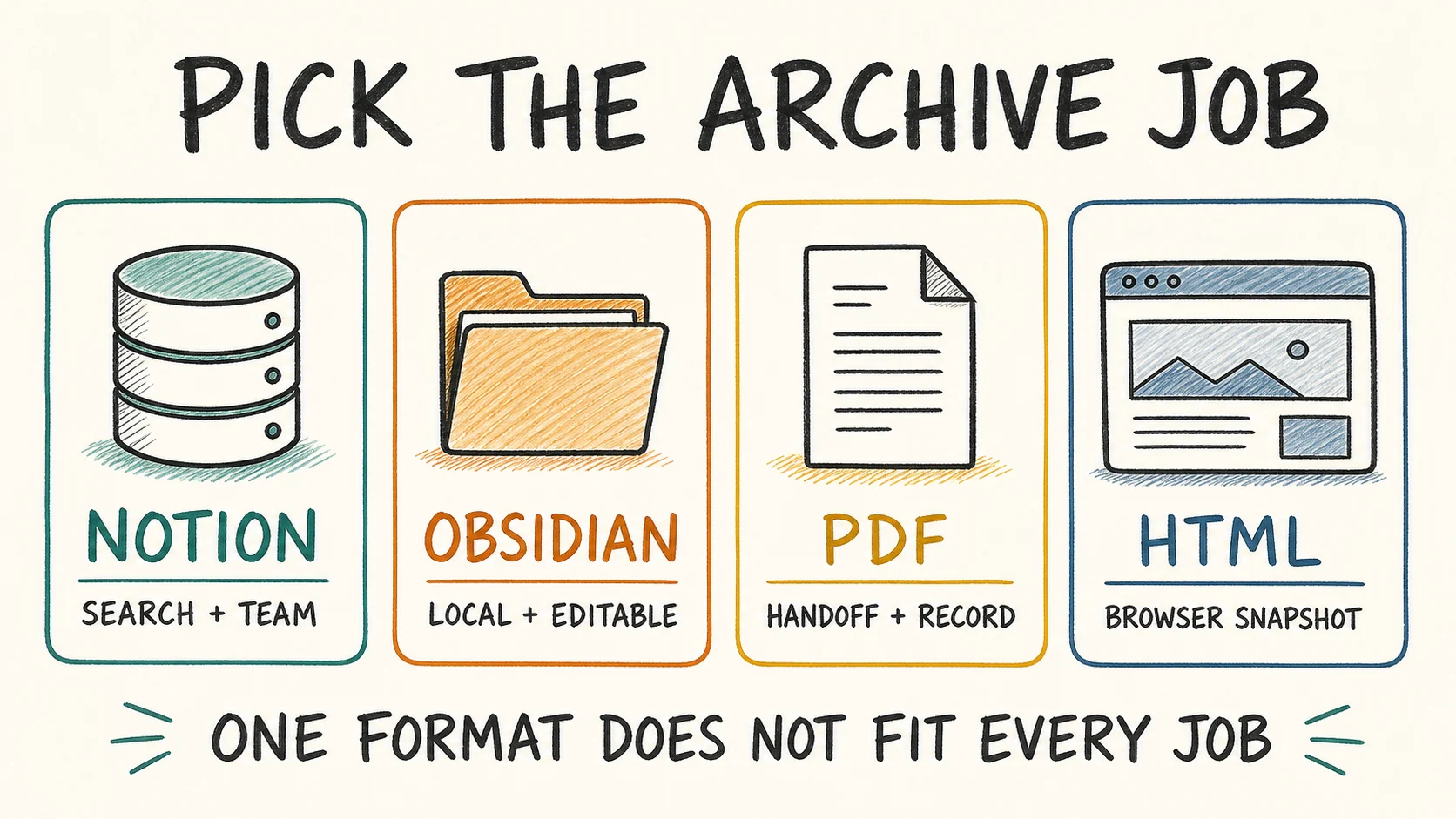 Hand-drawn comparison of Notion, Obsidian, PDF, and HTML archive jobs