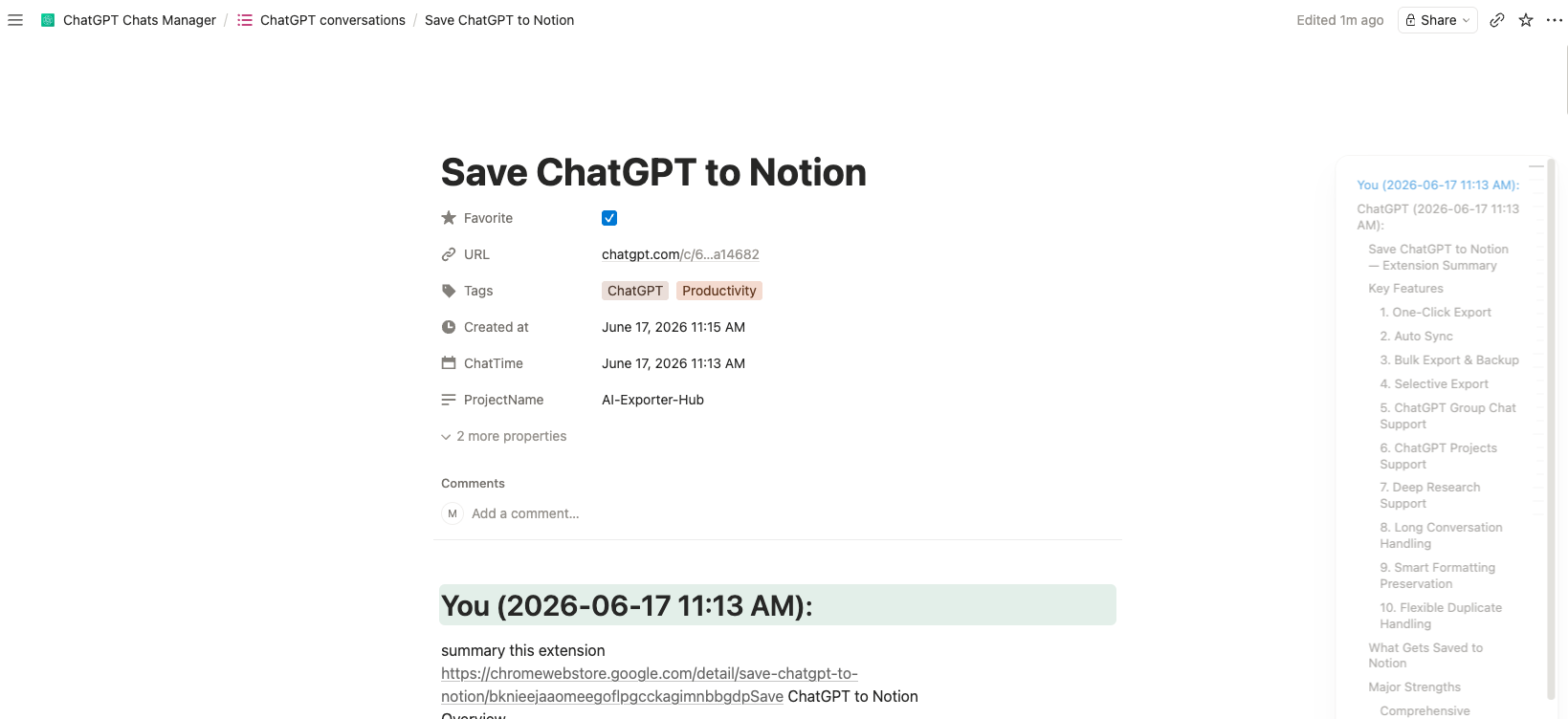 Exported ChatGPT conversation saved as a Notion page with URL, tags, created date, chat time, and project name properties