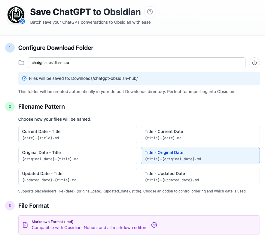 ChatGPT to Obsidian export settings showing download folder, filename pattern, and Markdown format