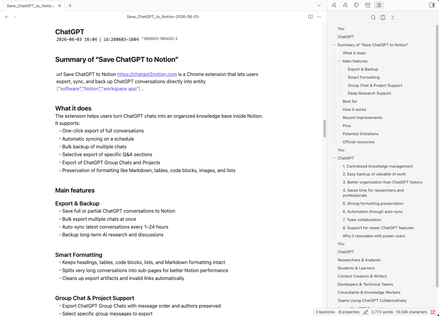 Exported ChatGPT conversation opened as a Markdown note in Obsidian with headings and outline navigation
