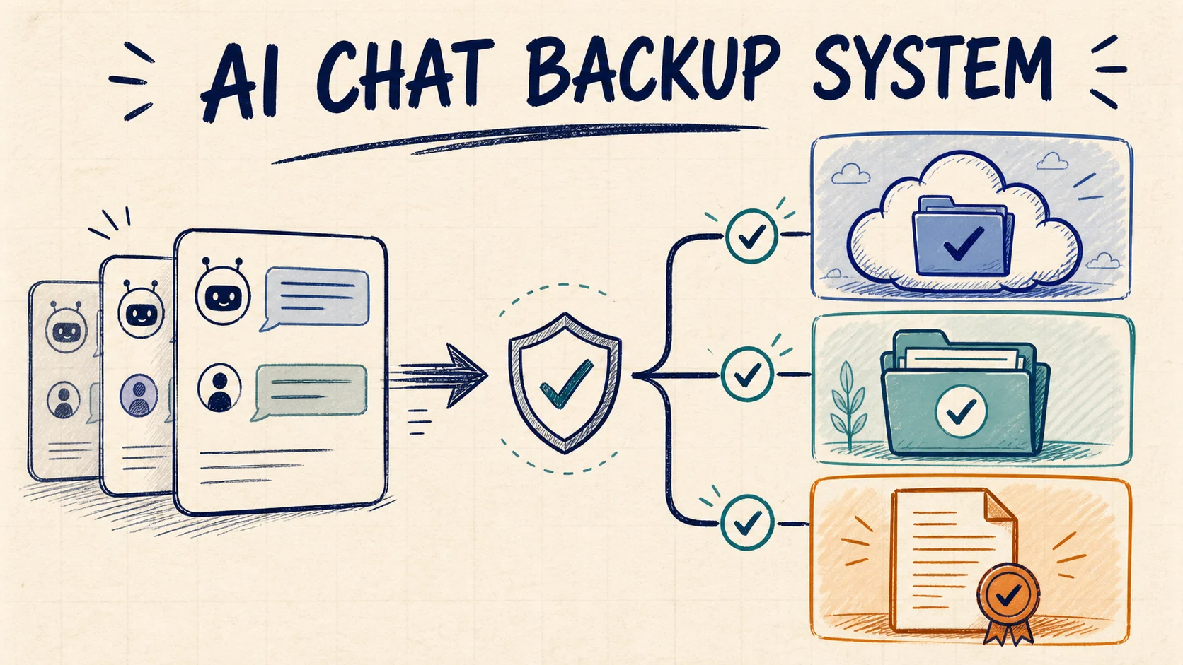 Hand-drawn AI chat backup system routing verified conversations into workspace, local archive, and fixed-record copies