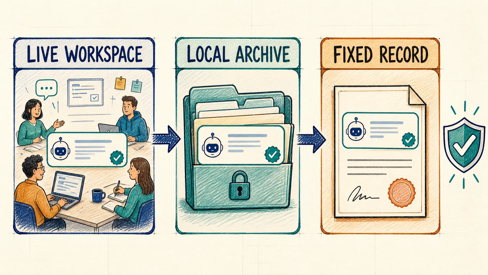 Three-layer AI chat backup architecture with live workspace, local archive, and fixed record