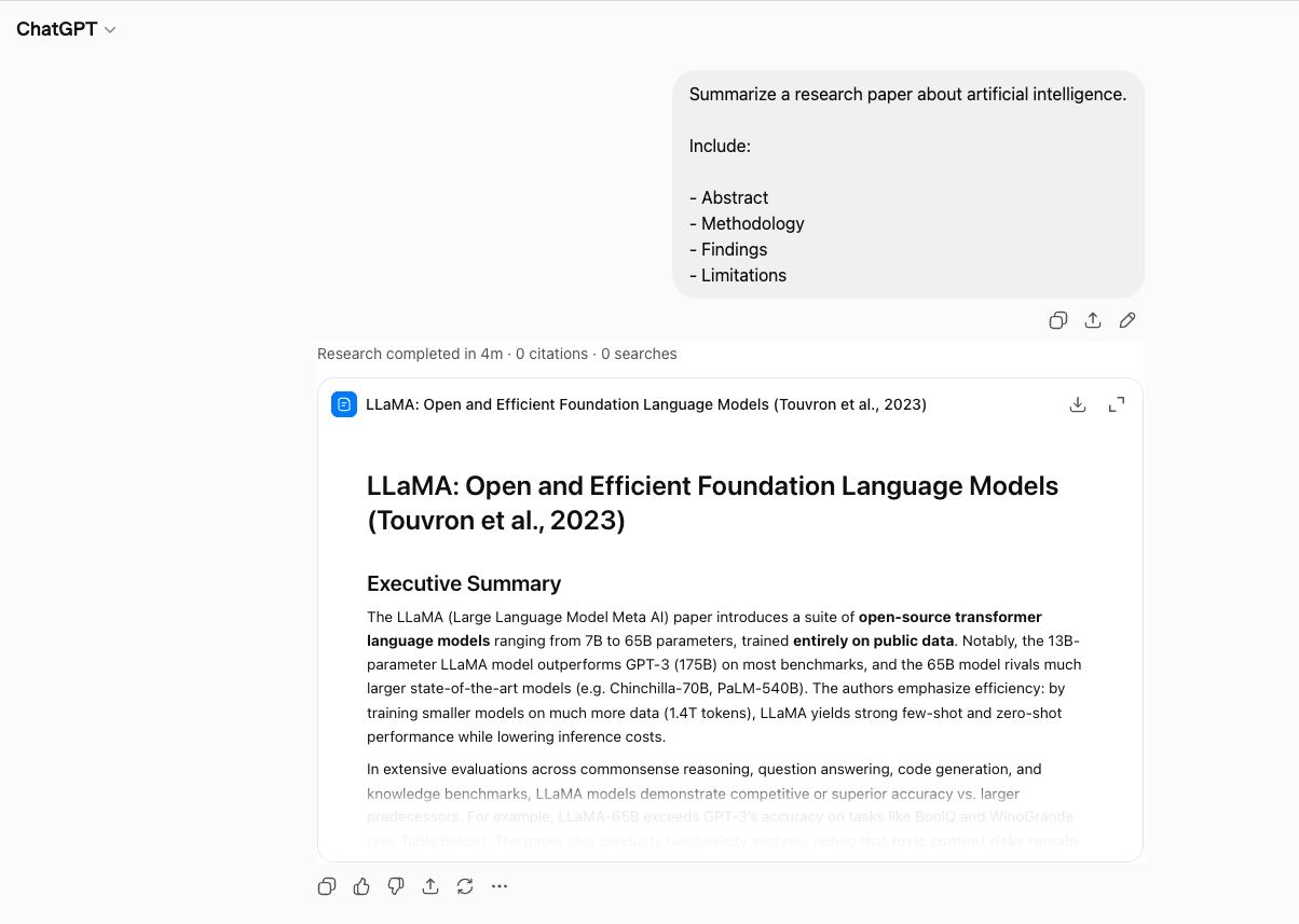 ChatGPT Deep Research conversation showing a generated research report for an AI paper summary