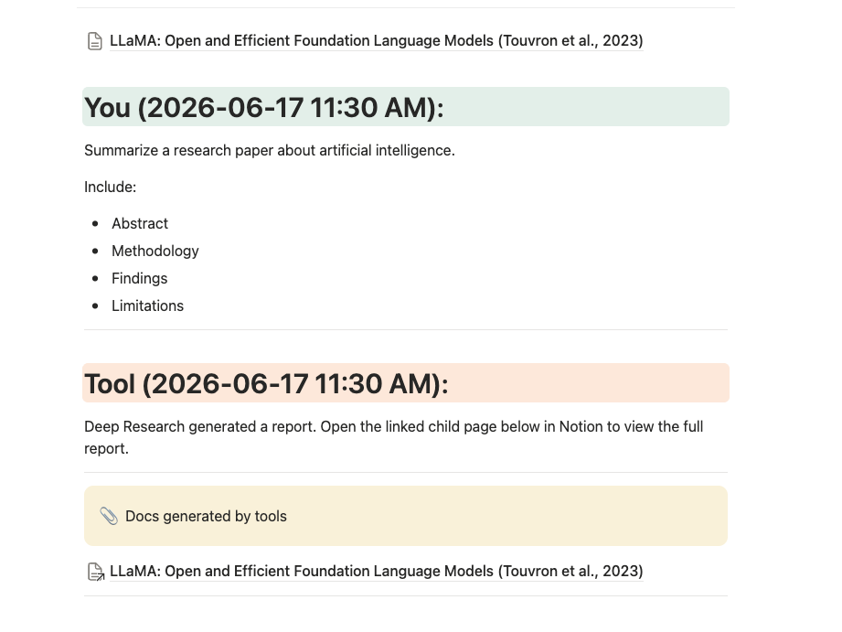 ChatGPT Deep Research export saved to Notion with the generated report linked as a child page