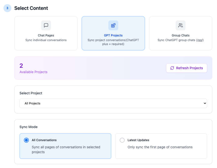 Batch export workflow with GPT Projects mode selected, project selector, and sync mode options