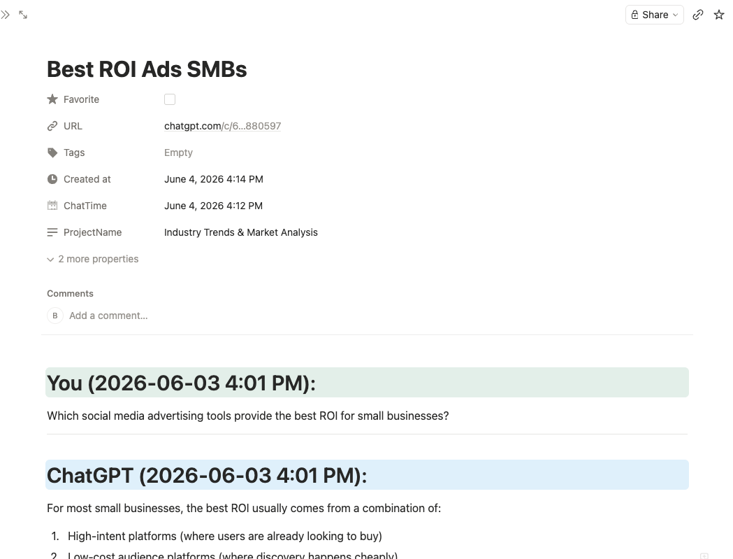 Exported ChatGPT Project conversation in Notion with ProjectName metadata preserved