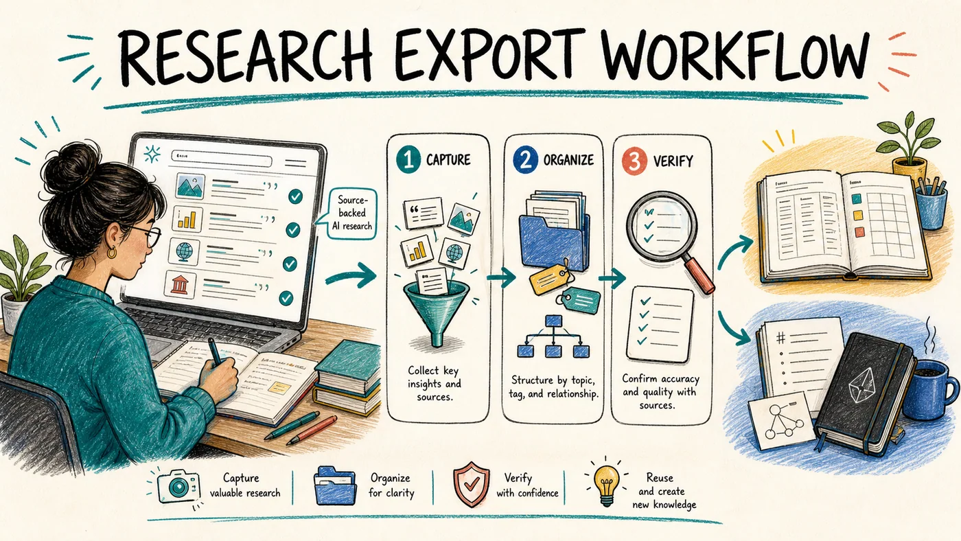 Hand-drawn Perplexity research export workflow from source-backed research to a verified Notion and Markdown archive