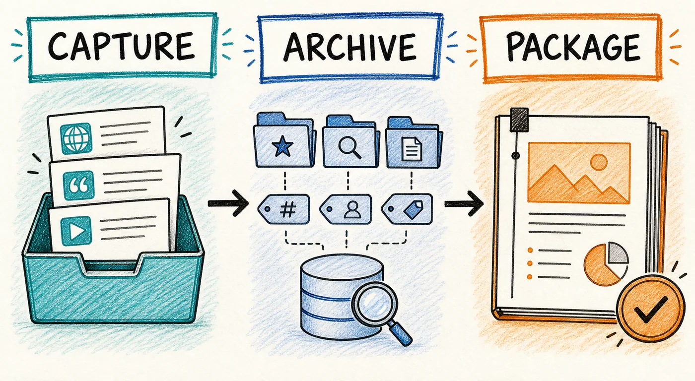 Hand-drawn triage model for Capture, Archive, and Package stages
