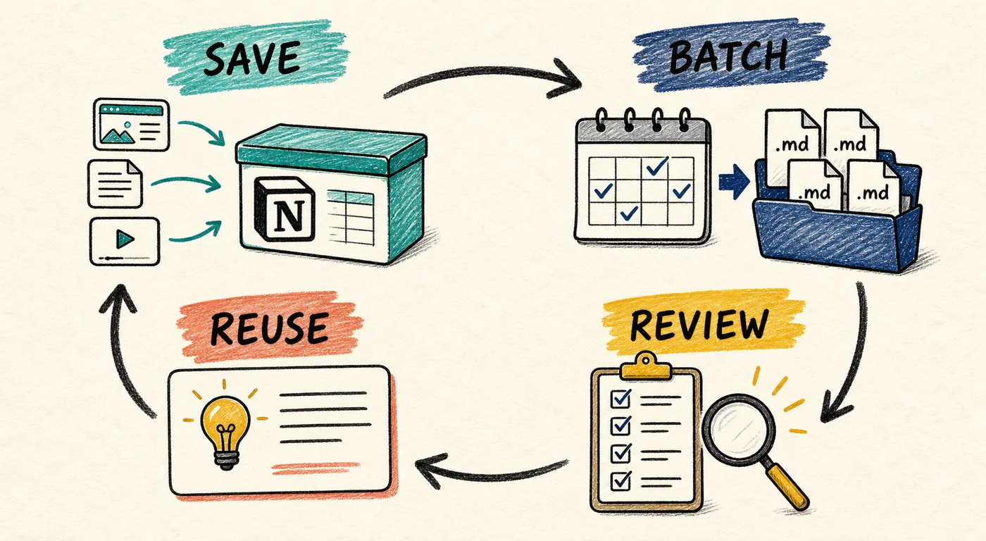 Hand-drawn weekly Perplexity research loop: Save, Batch, Review, and Reuse