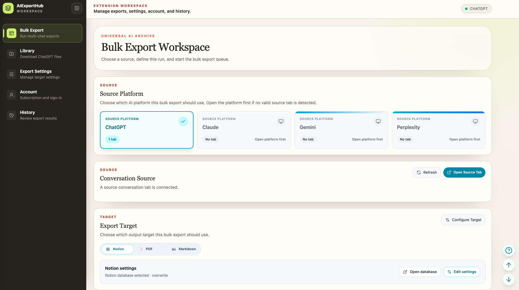 AIExportHub unified bulk export workspace