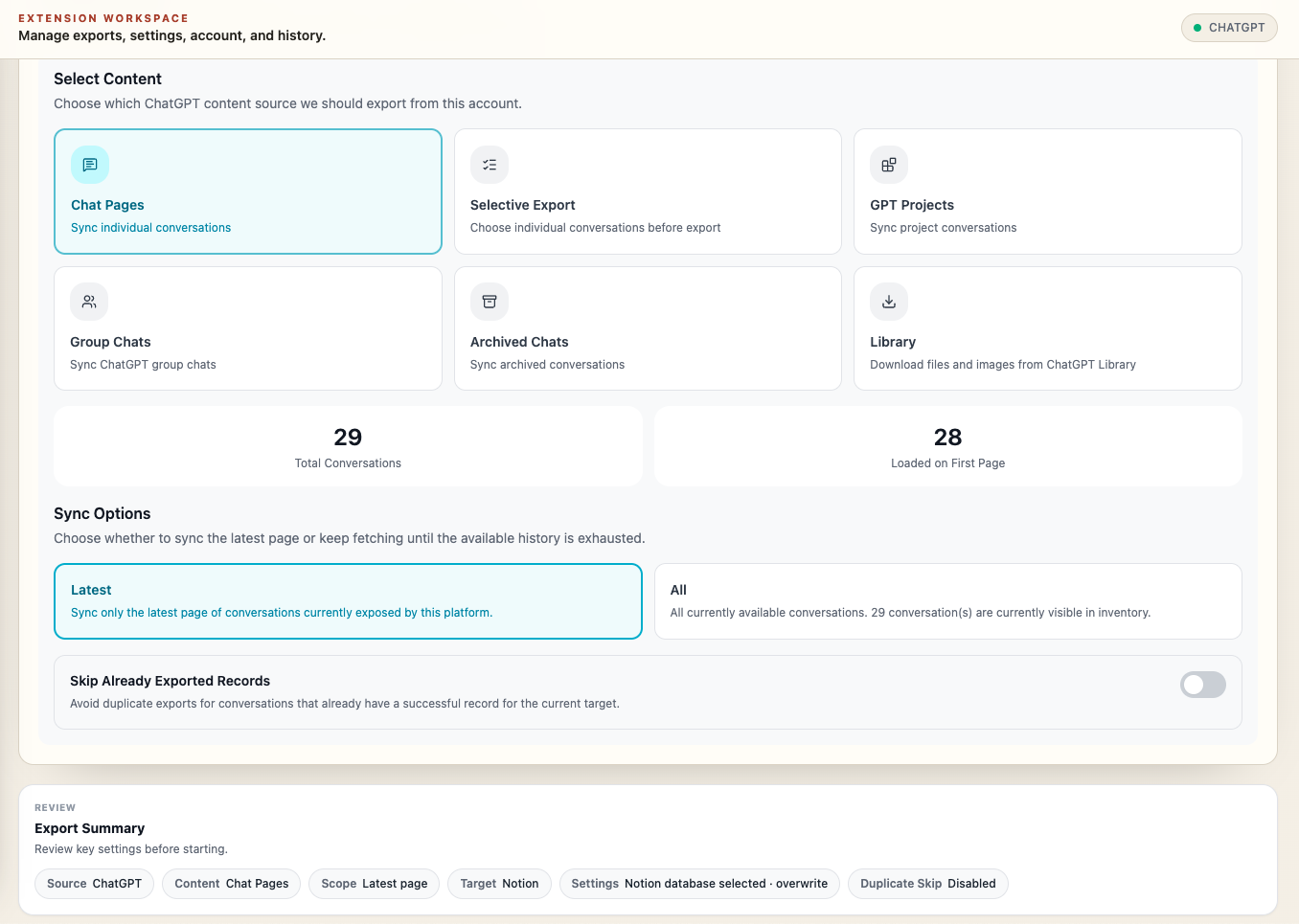 AIExportHub bulk scope and conversation controls