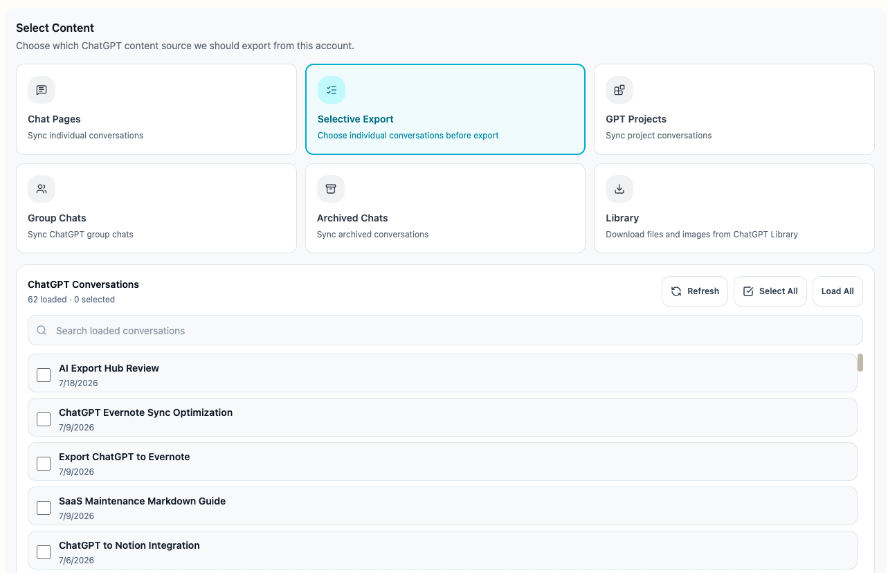 AIExportHub selective export conversation list