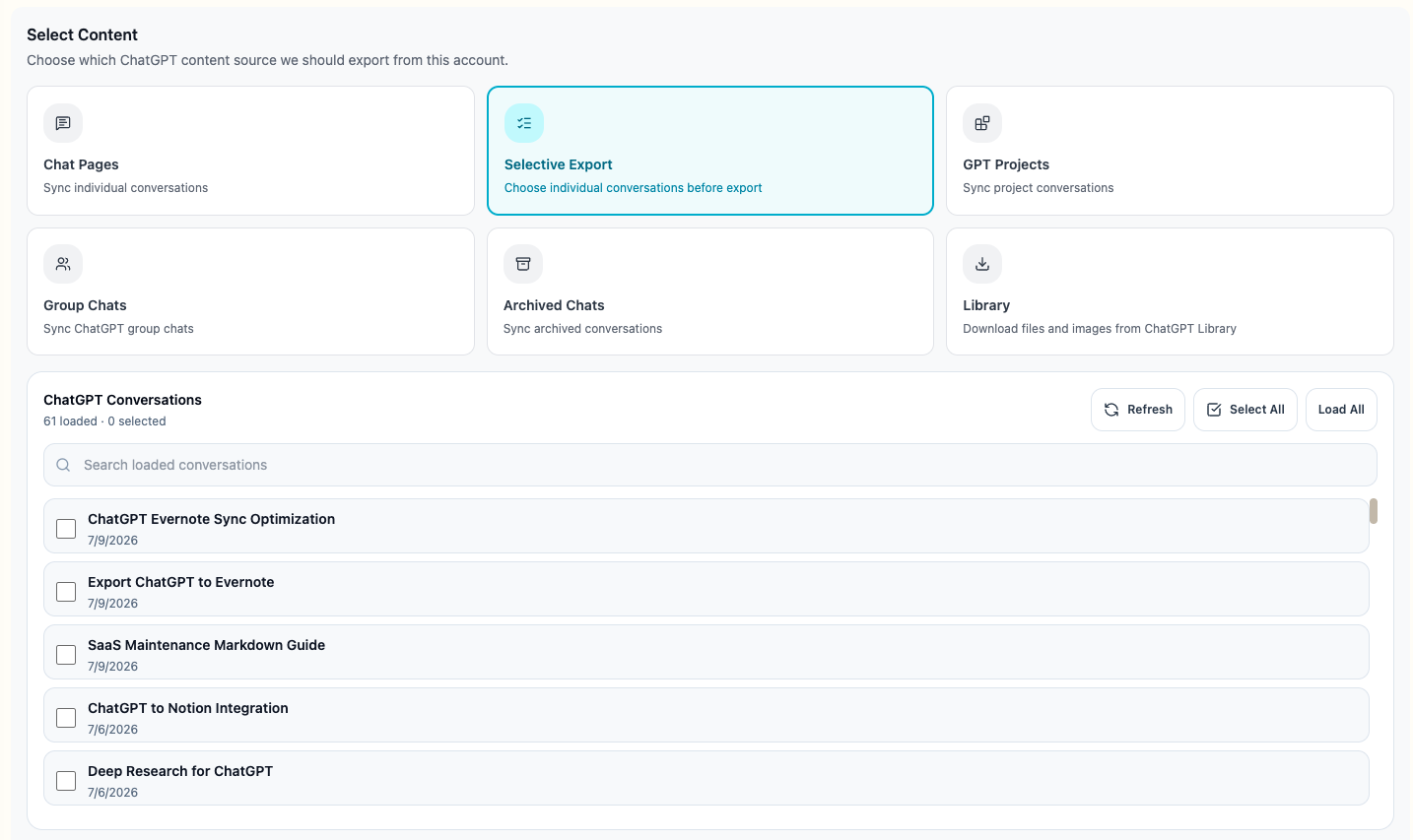 AIExportHub selective export picker with leading checkboxes