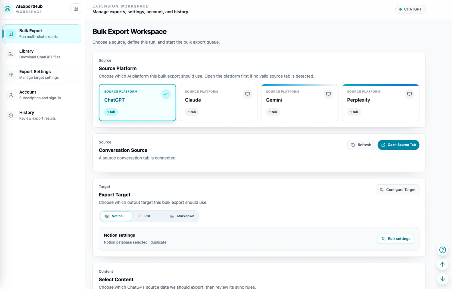 Bulk Export Workspace