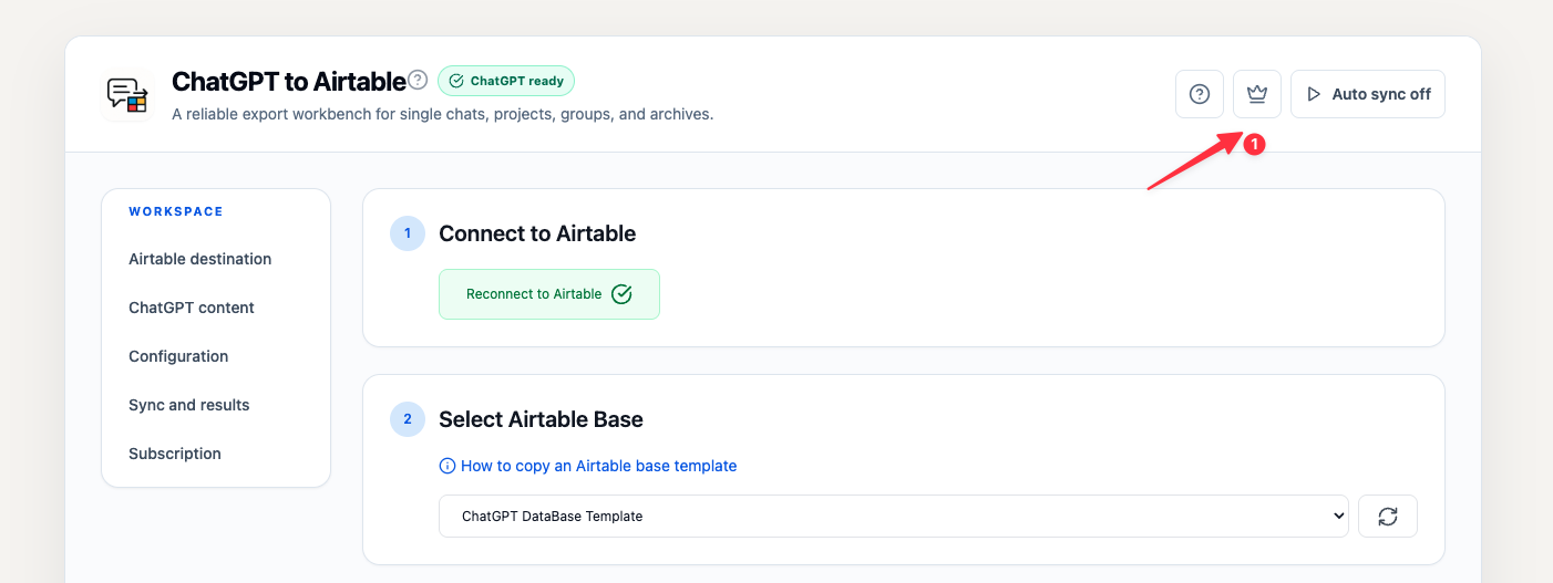 ChatGPT to Airtable workspace with the Subscription crown control highlighted